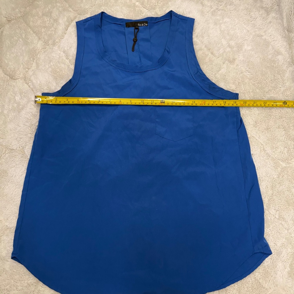 Ro & De Cobalt Blue Silky Tank Blouse M Pocket Hi-Low Minimalist career workwear - Picture 5 of 8